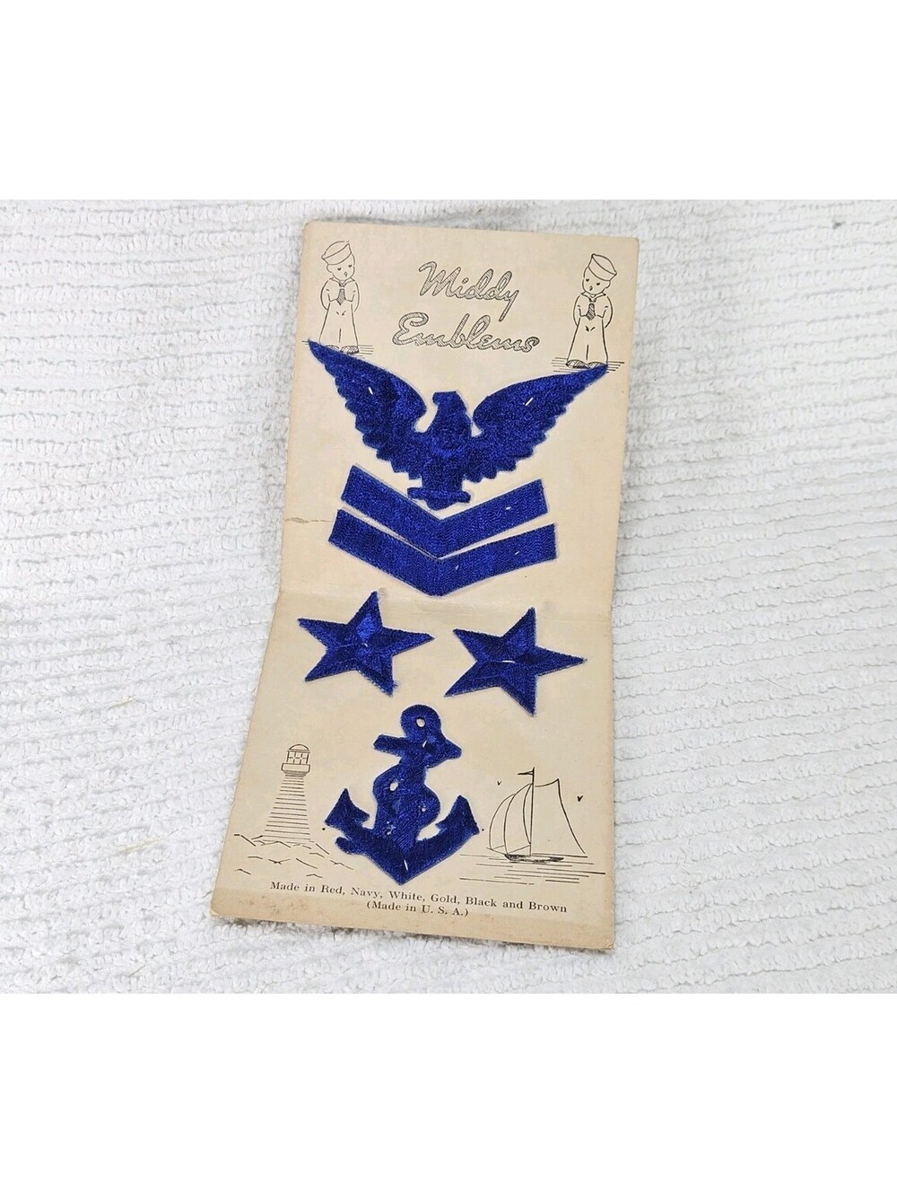 Vintage 1950s Sailor Patches Set Blue Embroidered Navy Costume Middy Orig Card